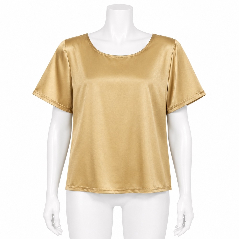 Jenni Max Silk Top Large Gold Satin Short Sleeve Side Slit Vintage Quiet Luxury